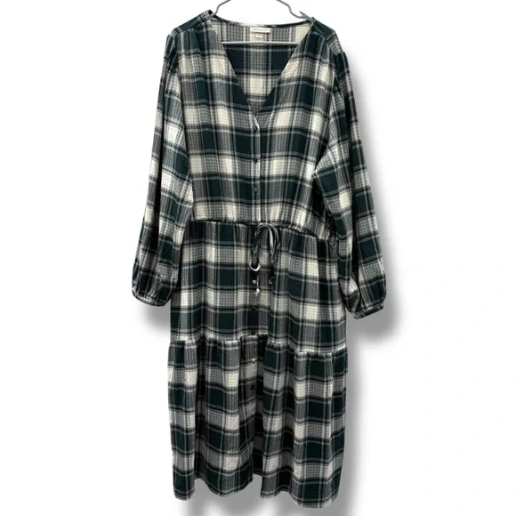 Knox Rose Green & Ivory Plaid Button-Front‎ Long Sleeve Midi Dress Sz 2X Plus - Picture 3 of 16